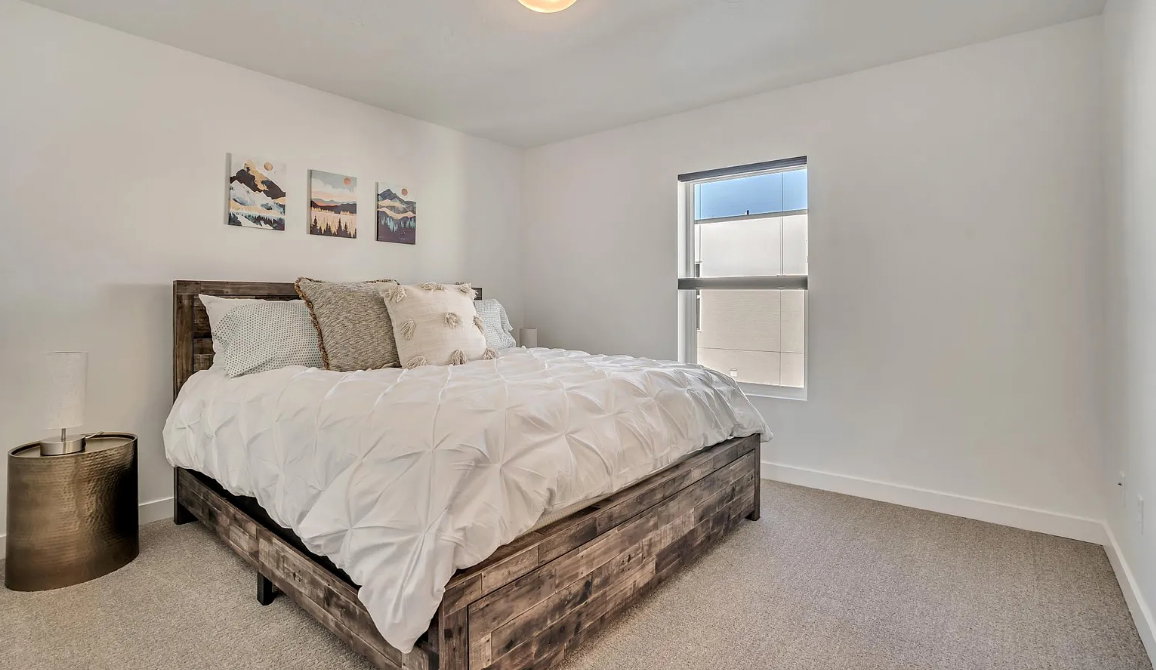 Spacious bedroom featuring light-toned carpeting, white walls, a single window with a roller shade, and a flush-mount ceiling light fixture