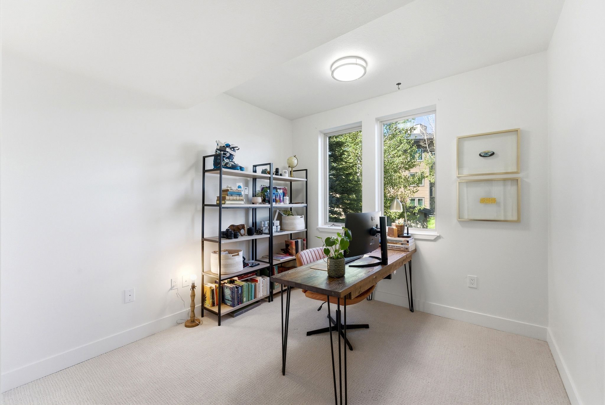 Bright room featuring two windows, neutral carpeting, white walls, and a contemporary flush-mount ceiling light fixture