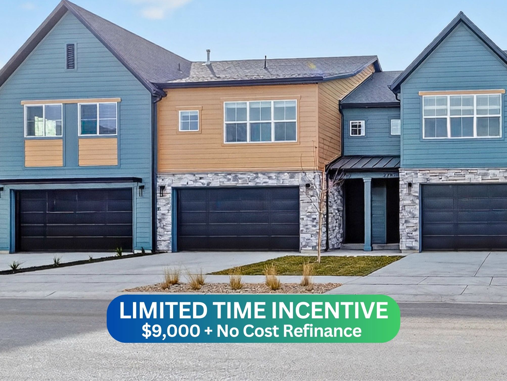 Modern townhome exteriors featuring varied siding, stone veneer accents, and integrated garages