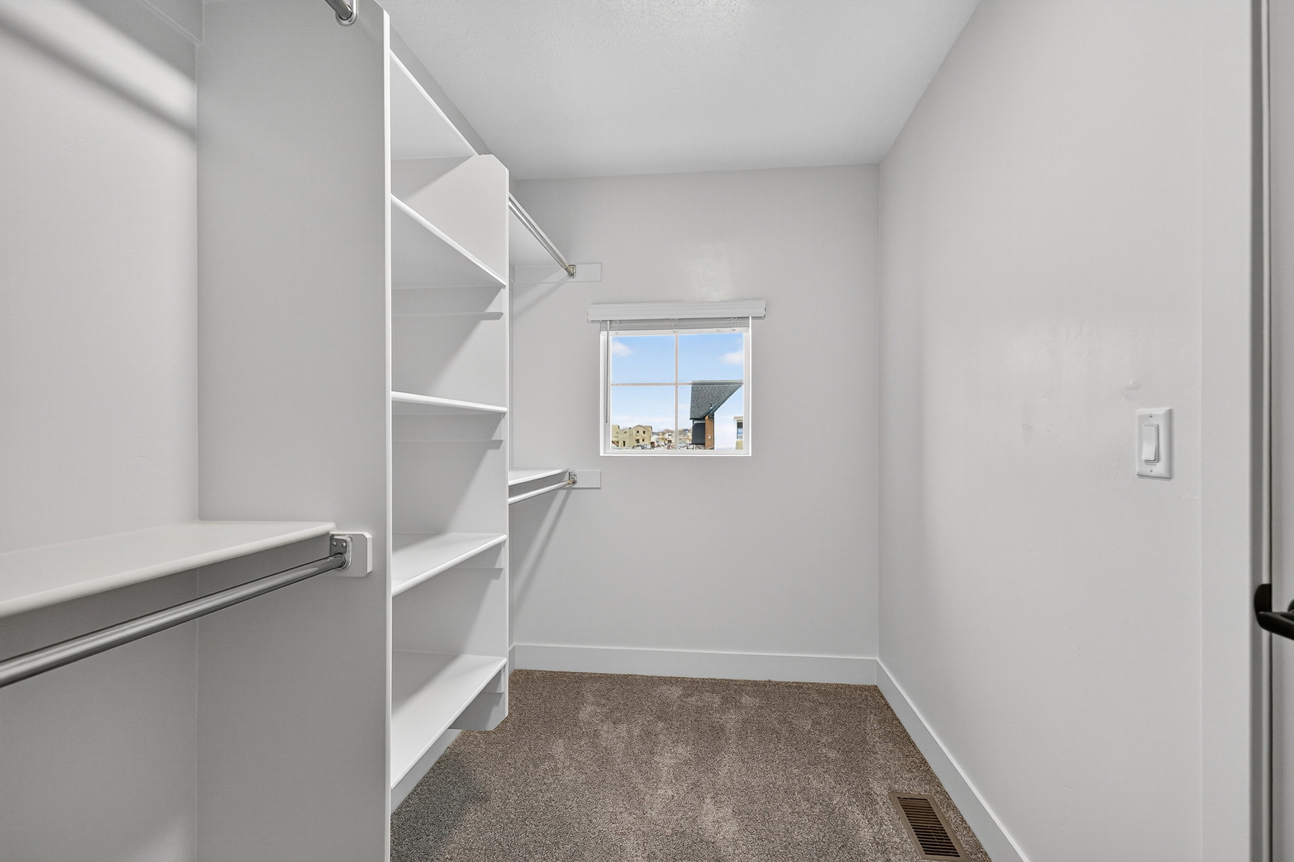 Walk-in closet featuring white built-in shelving, hanging rods, light gray wall-to-wall carpeting, and a window with a white blind