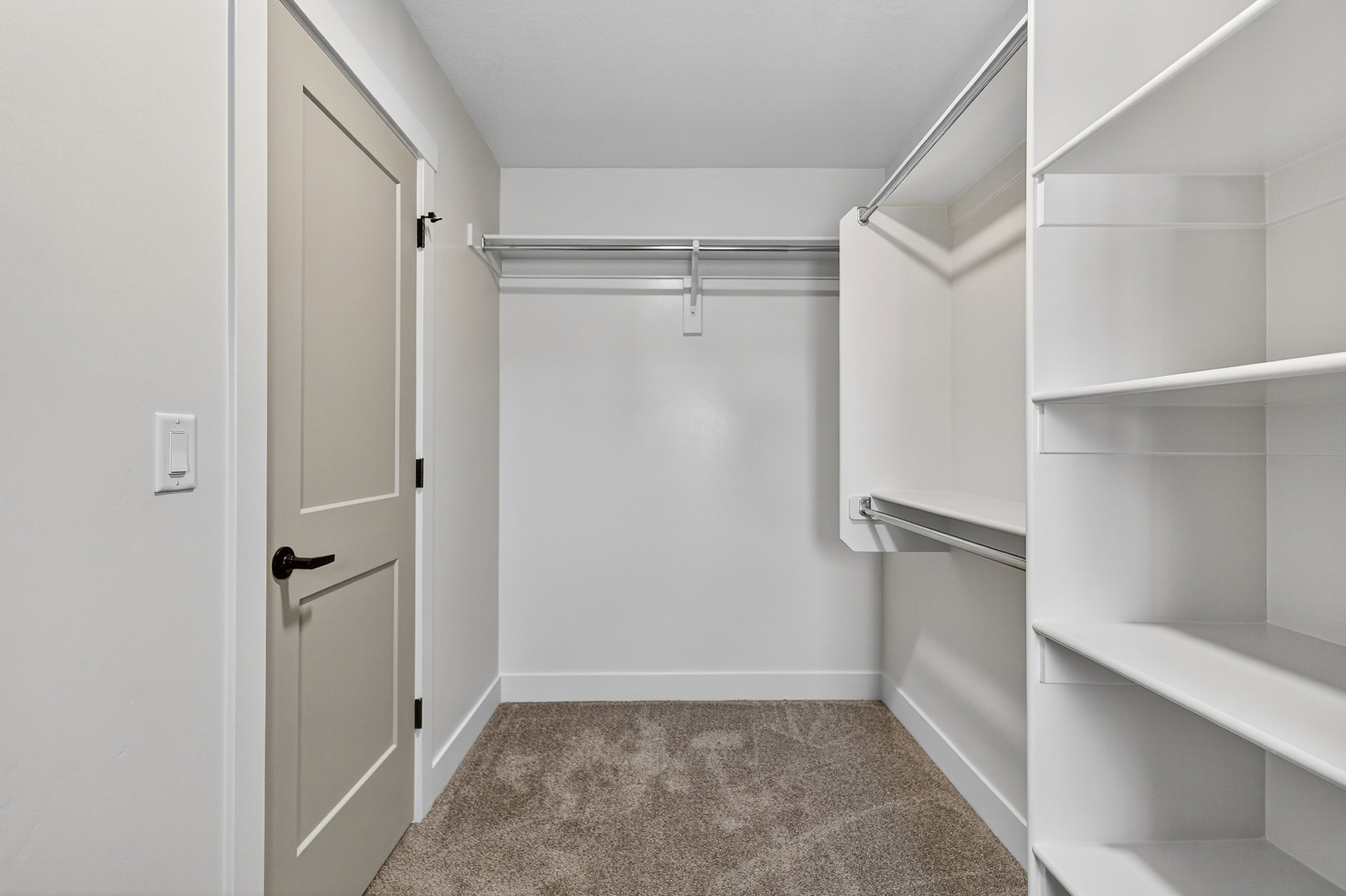 Walk-in closet featuring built-in shelving, dual hanging rods, light gray two-panel door with black hardware, and neutral-toned carpet flooring