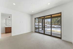 Expansive room featuring light-toned carpeting and recessed ceiling lighting