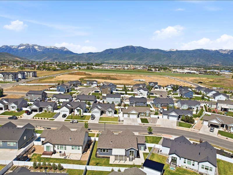Aerial perspective showcasing a residential community with varied architectural styles