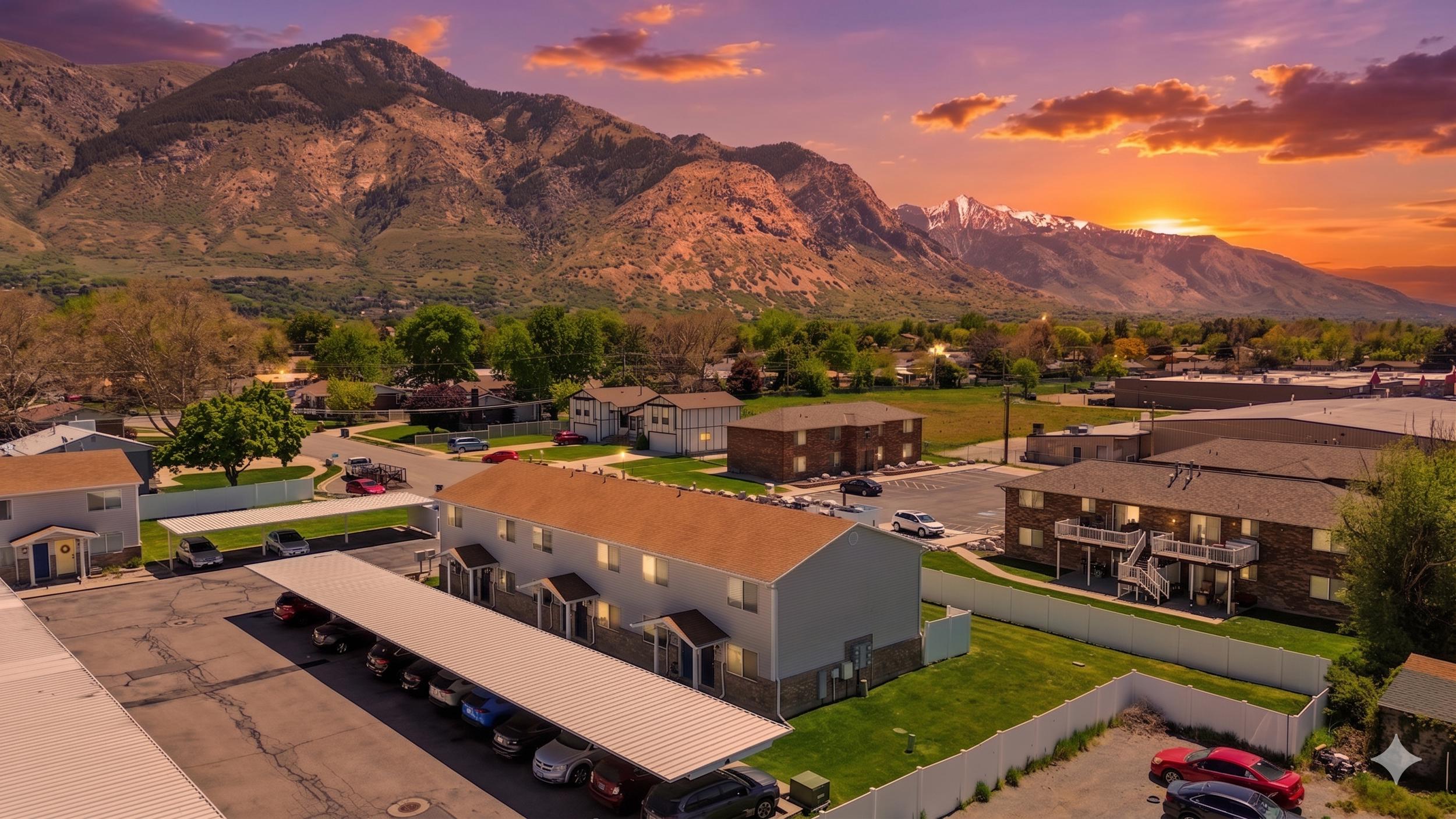 Expansive mountain scenery framing a residential area with multiple apartment buildings