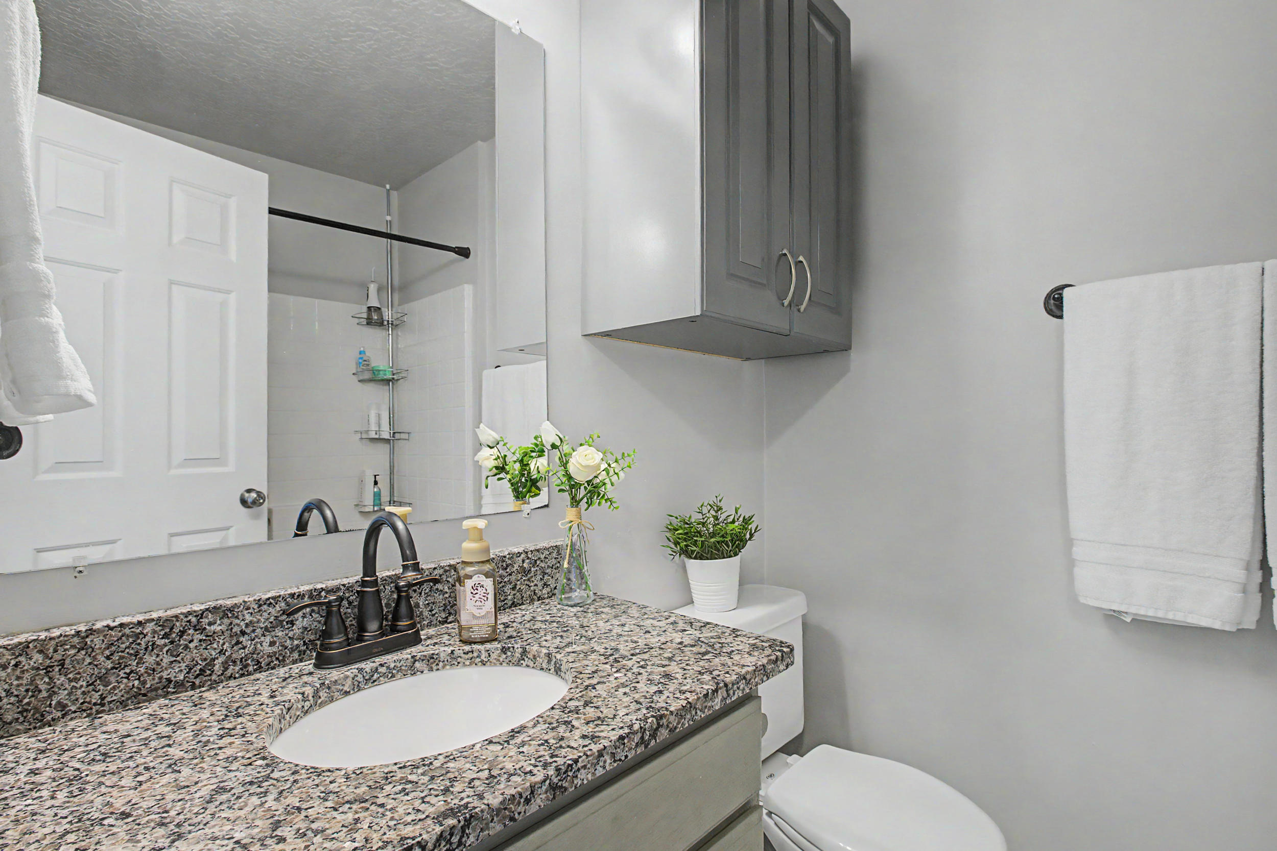 Bathroom vanity featuring a granite countertop with an oval under-mount sink and a bronze-finish faucet