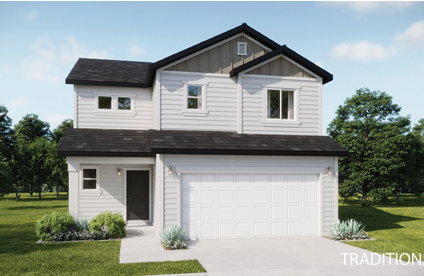 Two-story residence featuring light-colored siding, a dark roof, and architectural gables. These photos are of another home
