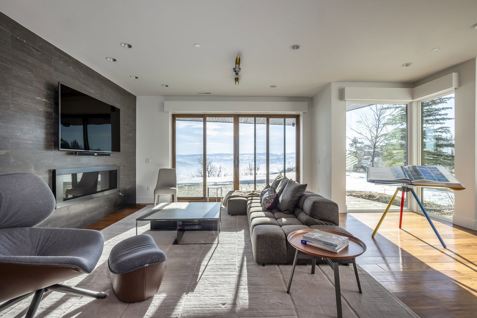 Spacious open-concept room with wood-finish flooring and a large area rug
