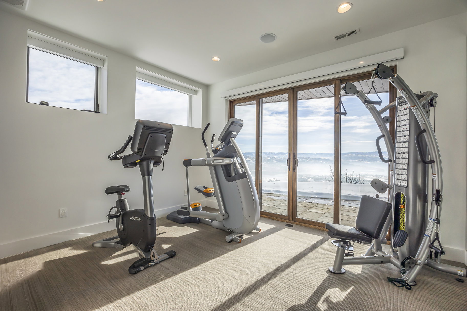 Expansive room featuring light-colored carpeting, recessed lighting, and a full-wall glass door system opening to an exterior paved area