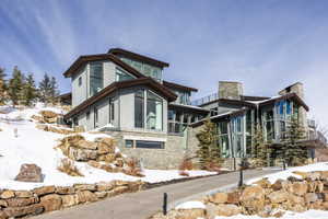 Contemporary multi-level residence featuring extensive stone cladding and gray siding