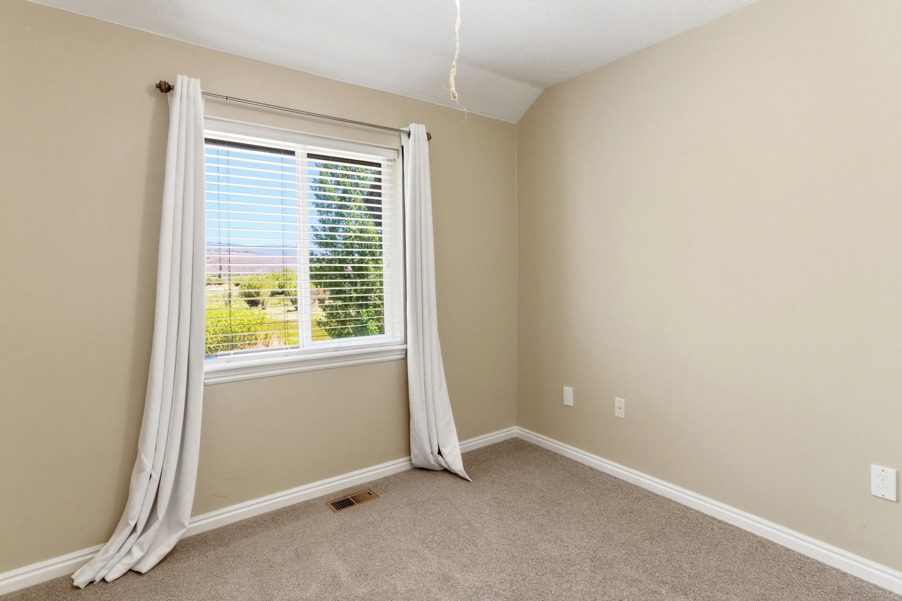 Window with horizontal blinds and white framing, offering exterior scenery