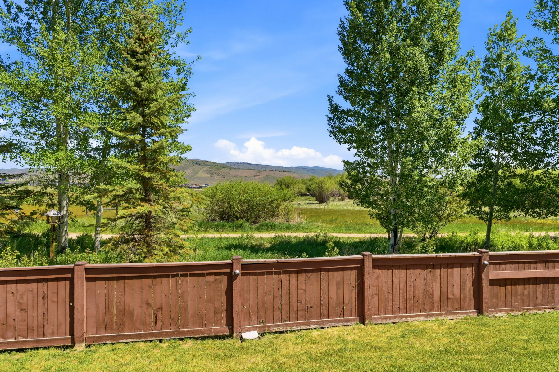 Expansive green lawn framed by a stained wood fence