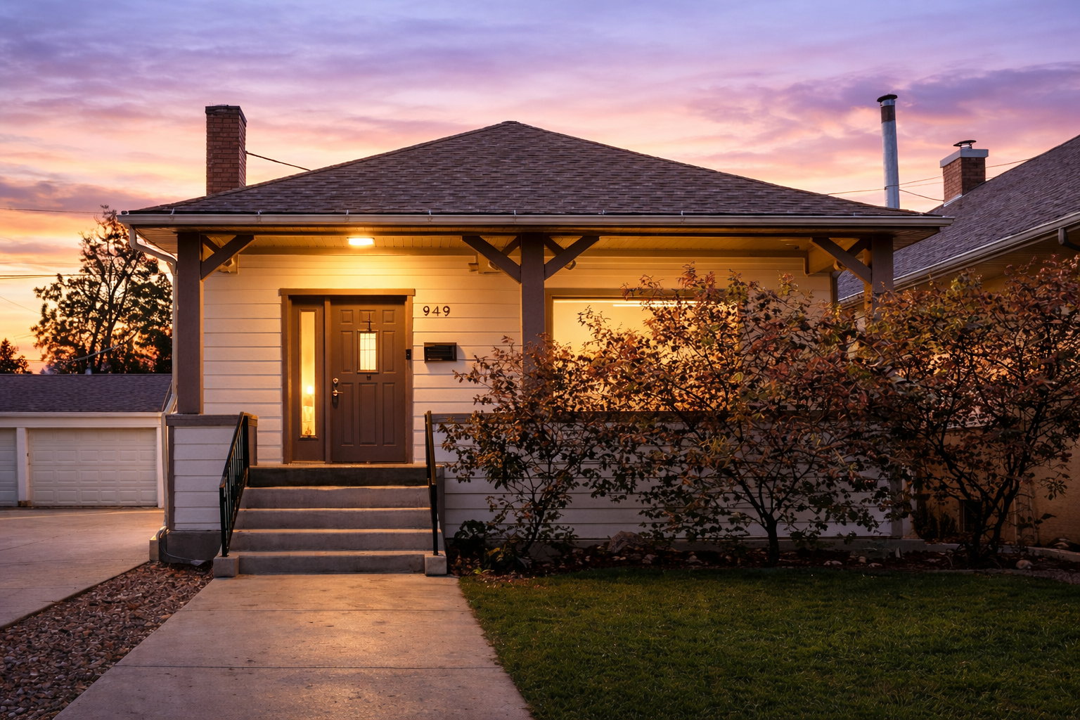 Front exterior featuring horizontal siding, a covered porch with decorative wood corbels, a dark paneled entry door with sidelight, mature shrubbery, and a concrete pathway