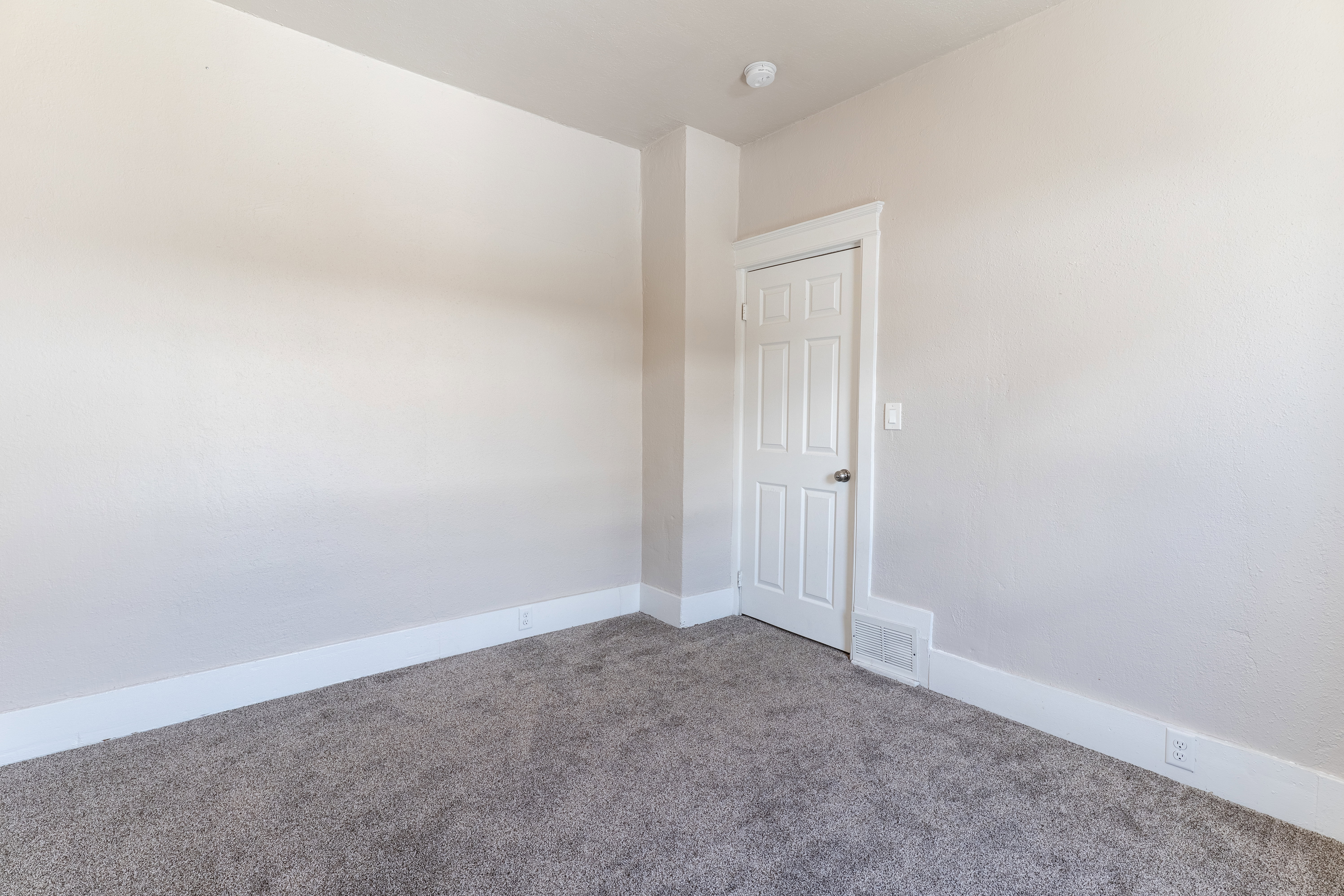 Neutral toned walls with a white paneled door, gray carpeting, and white baseboards