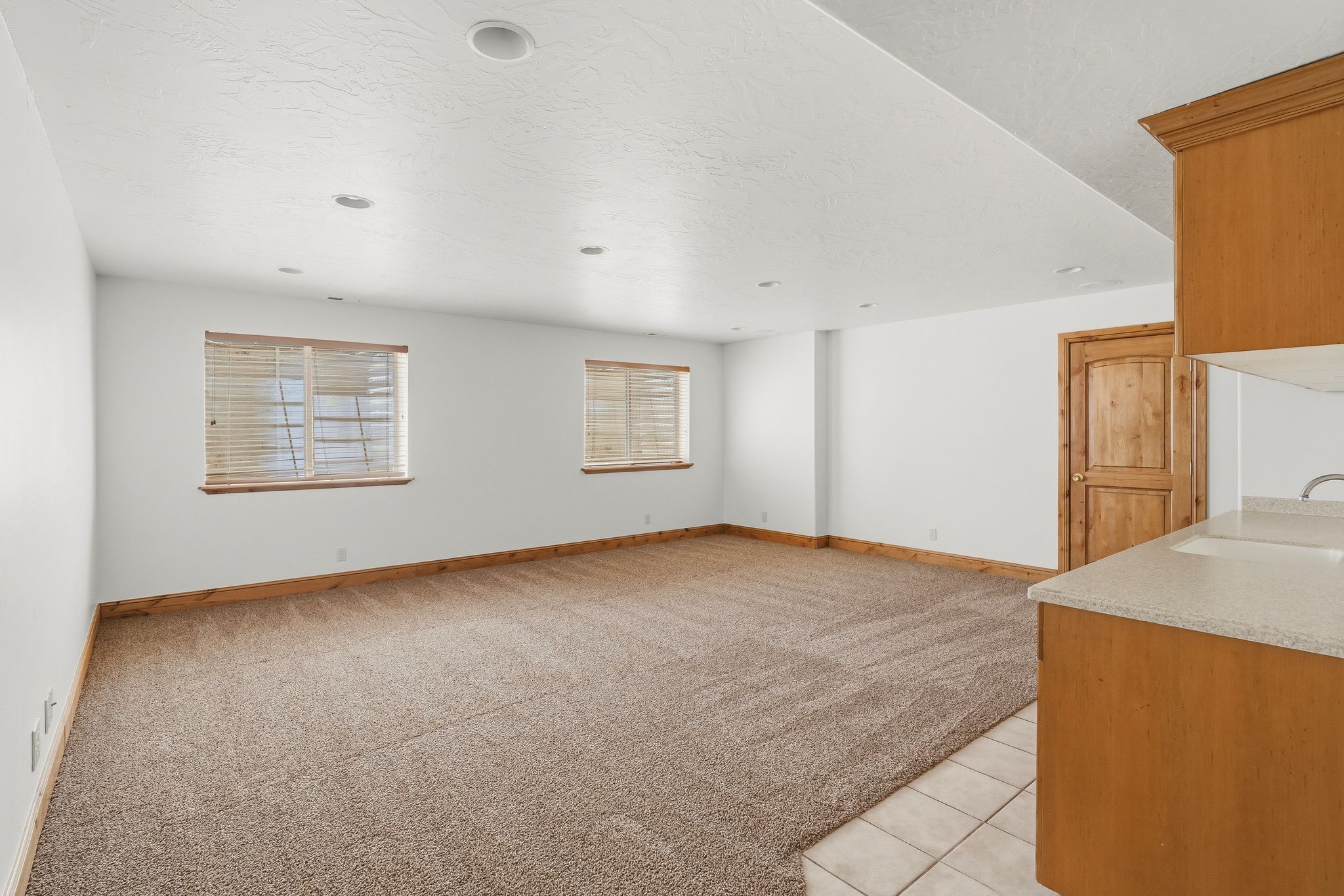 Spacious room featuring neutral carpet flooring, recessed lighting, and white walls