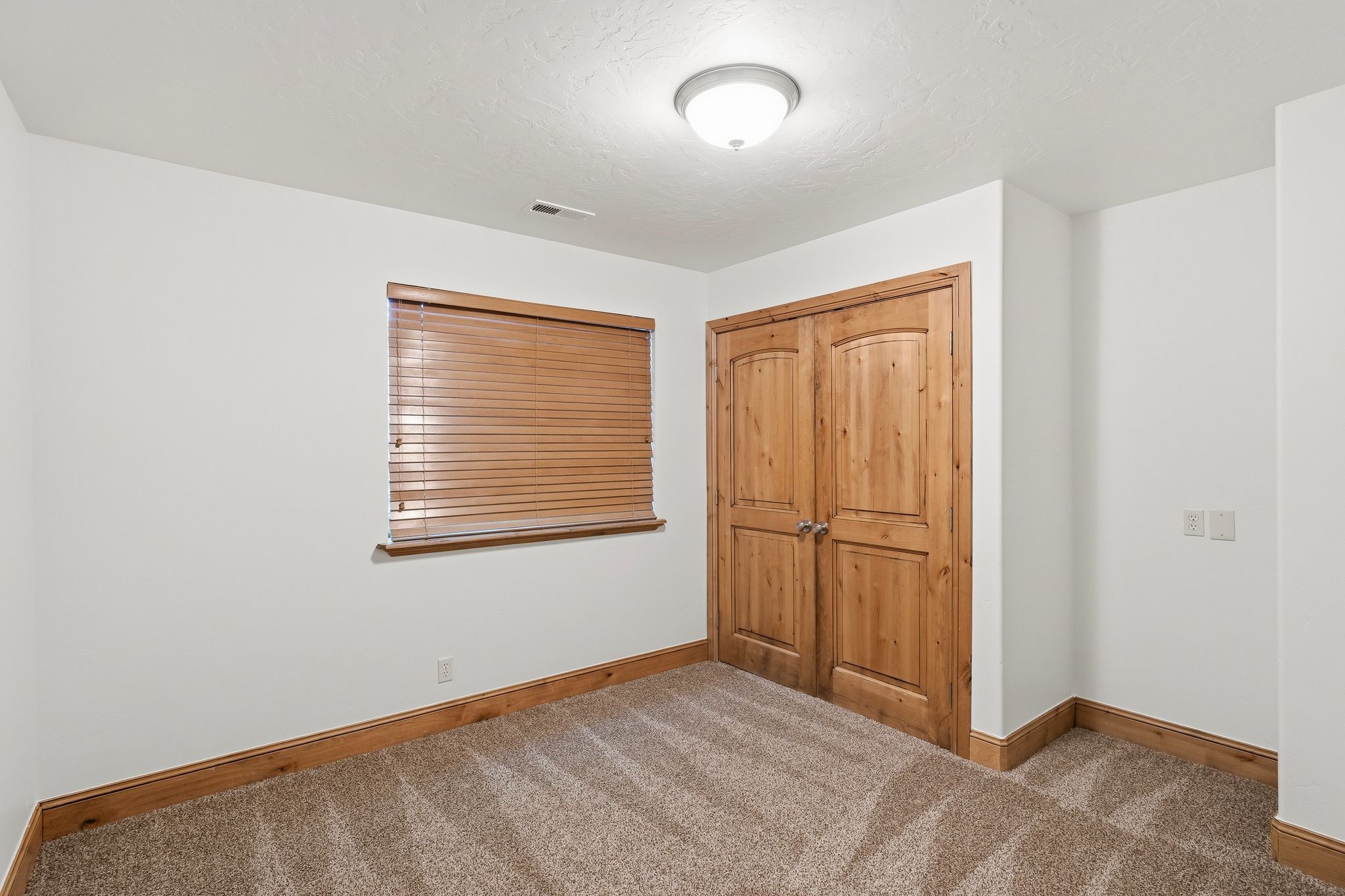 Room featuring neutral carpeting, a single window with horizontal blinds, natural wood-finish trim, and a double-door closet with arch-top panels