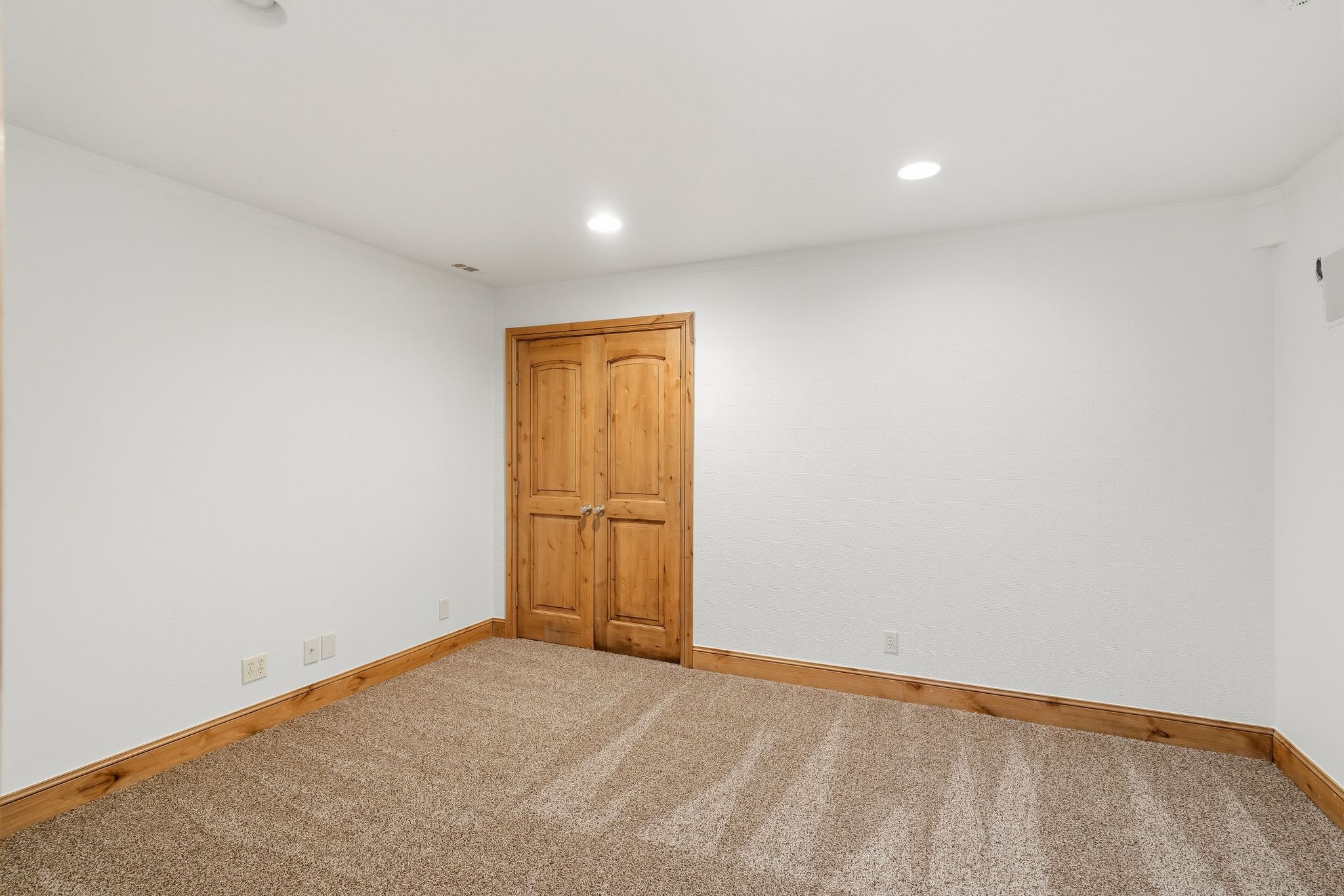 Neutral wall finishes, recessed lighting, and a textured carpeted floor