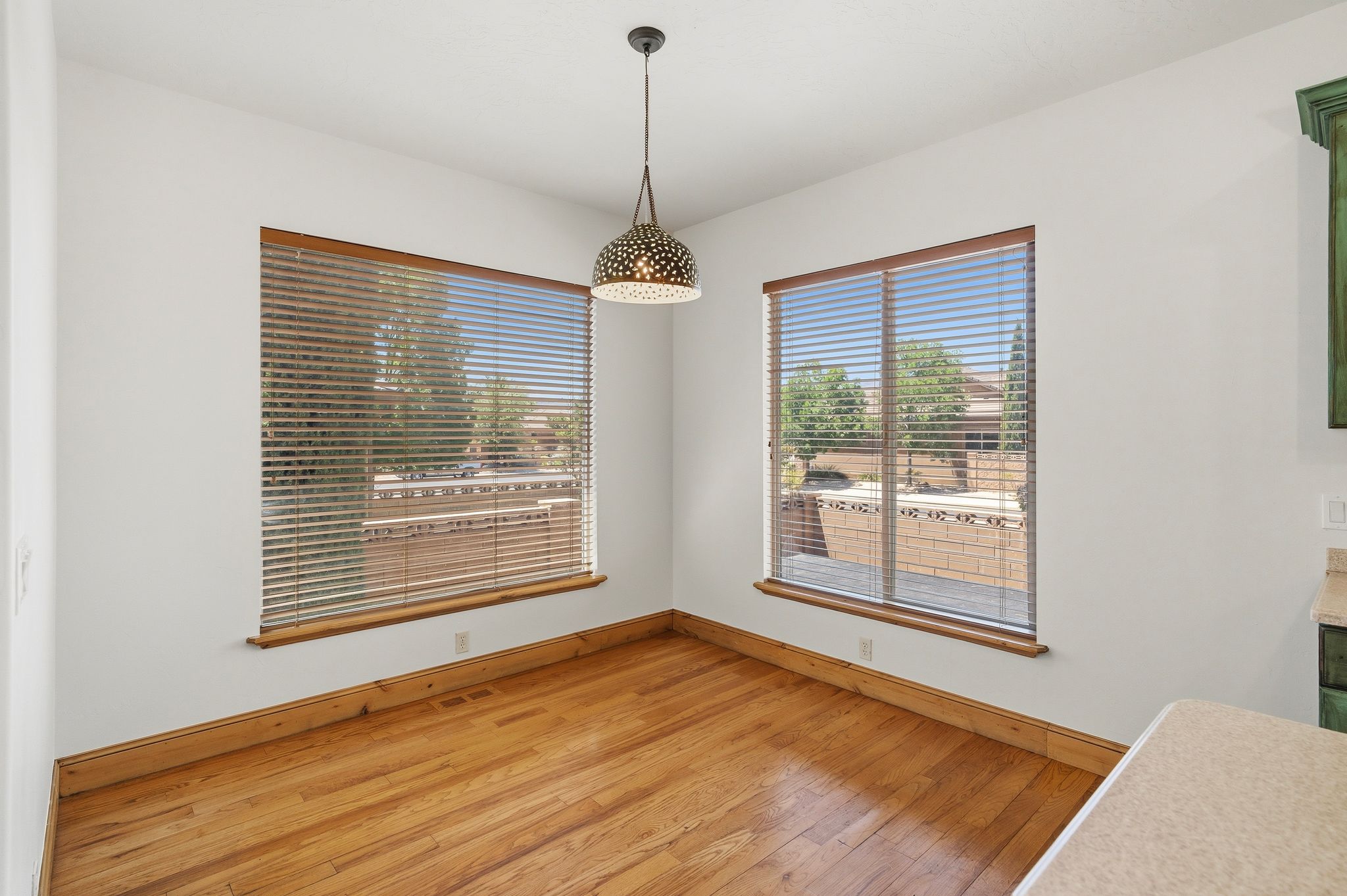 Bright space featuring wood-finish flooring, two large windows with blinds, a decorative pendant light fixture, and white wall finishes