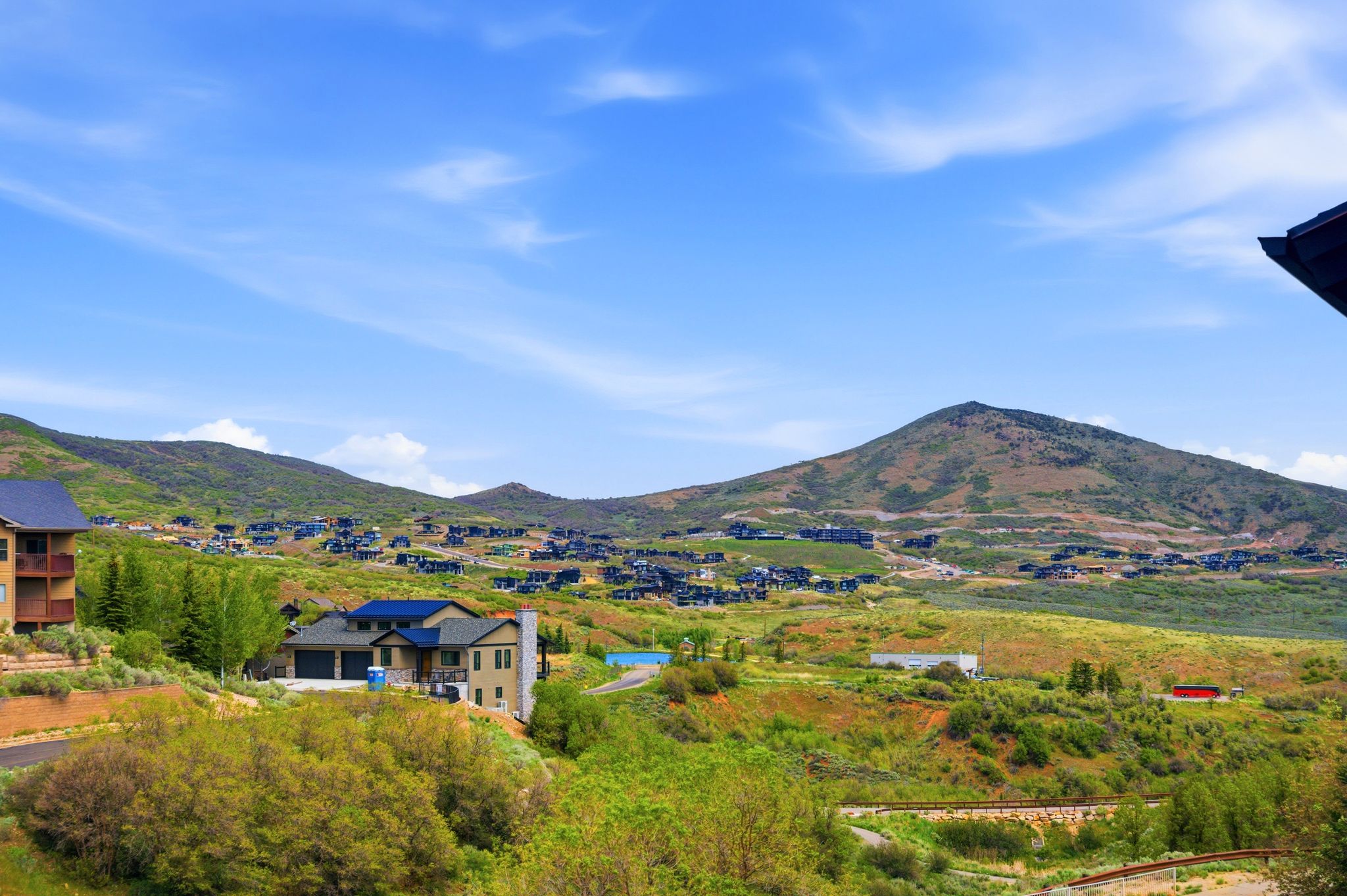 Expansive mountain landscape with diverse foliage and residential properties