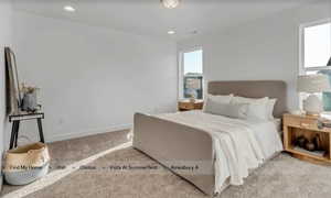 Carpeted room featuring white walls, recessed ceiling lighting, and two windows. This picture is of another home