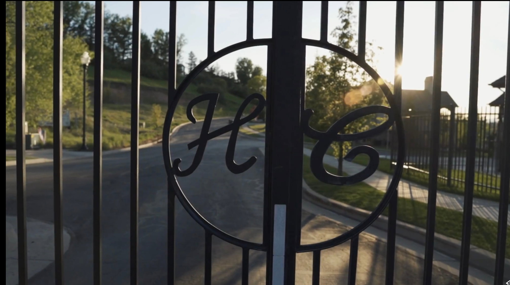 Black wrought iron security gate featuring custom scrollwork and a circular emblem