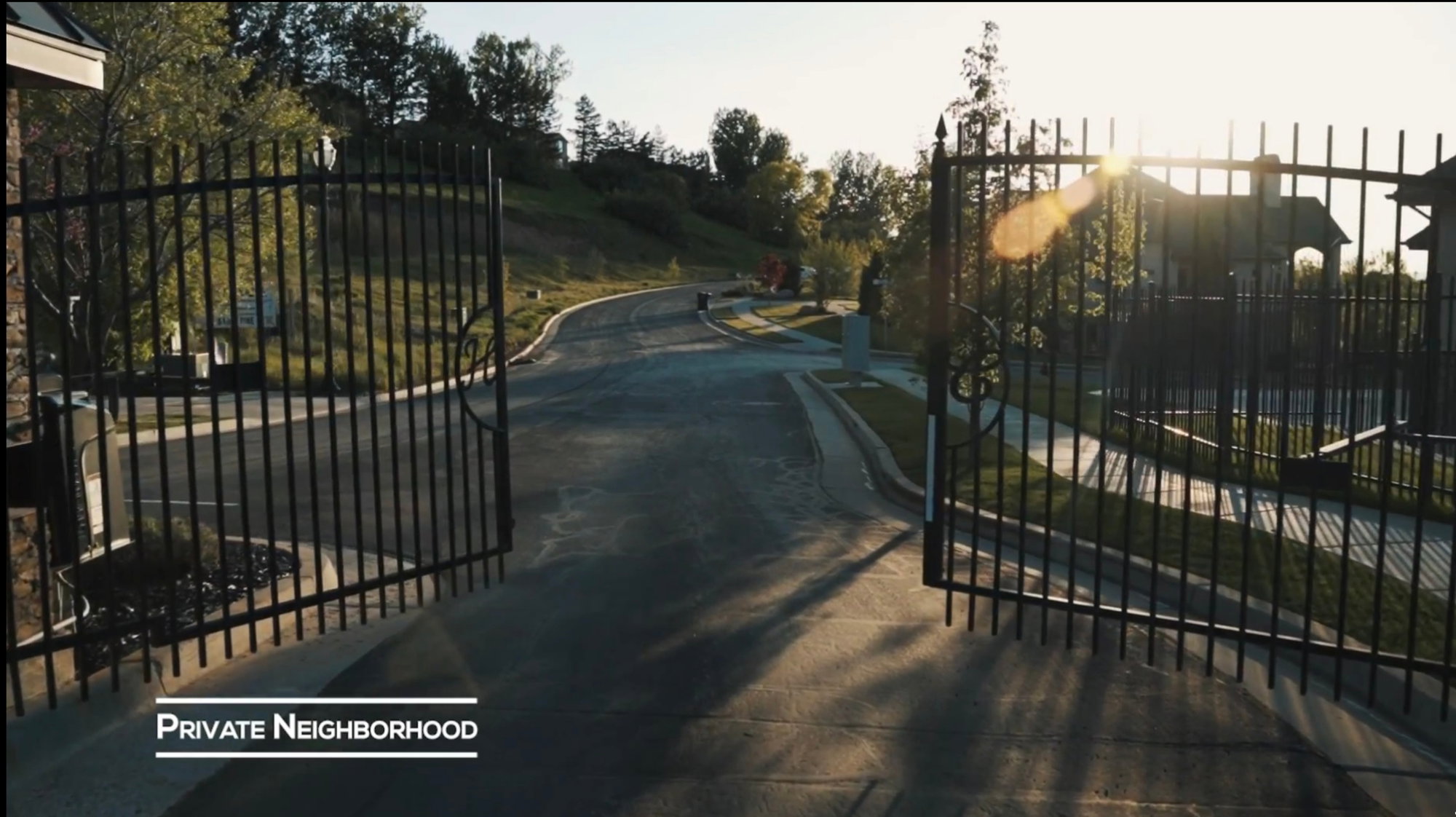 Wrought iron entry gates open to a paved private drive, bordered by manicured landscaping and mature trees