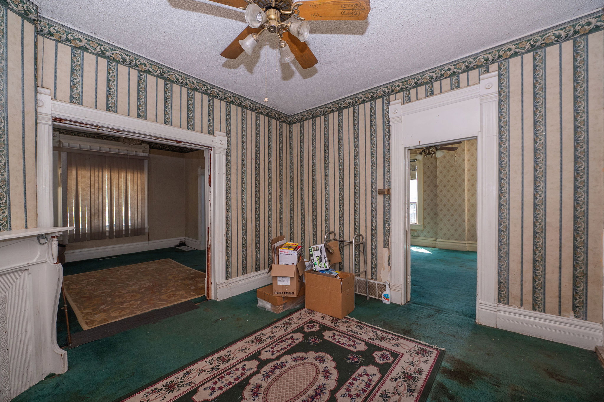 Interior room featuring patterned wallpaper and green carpeting