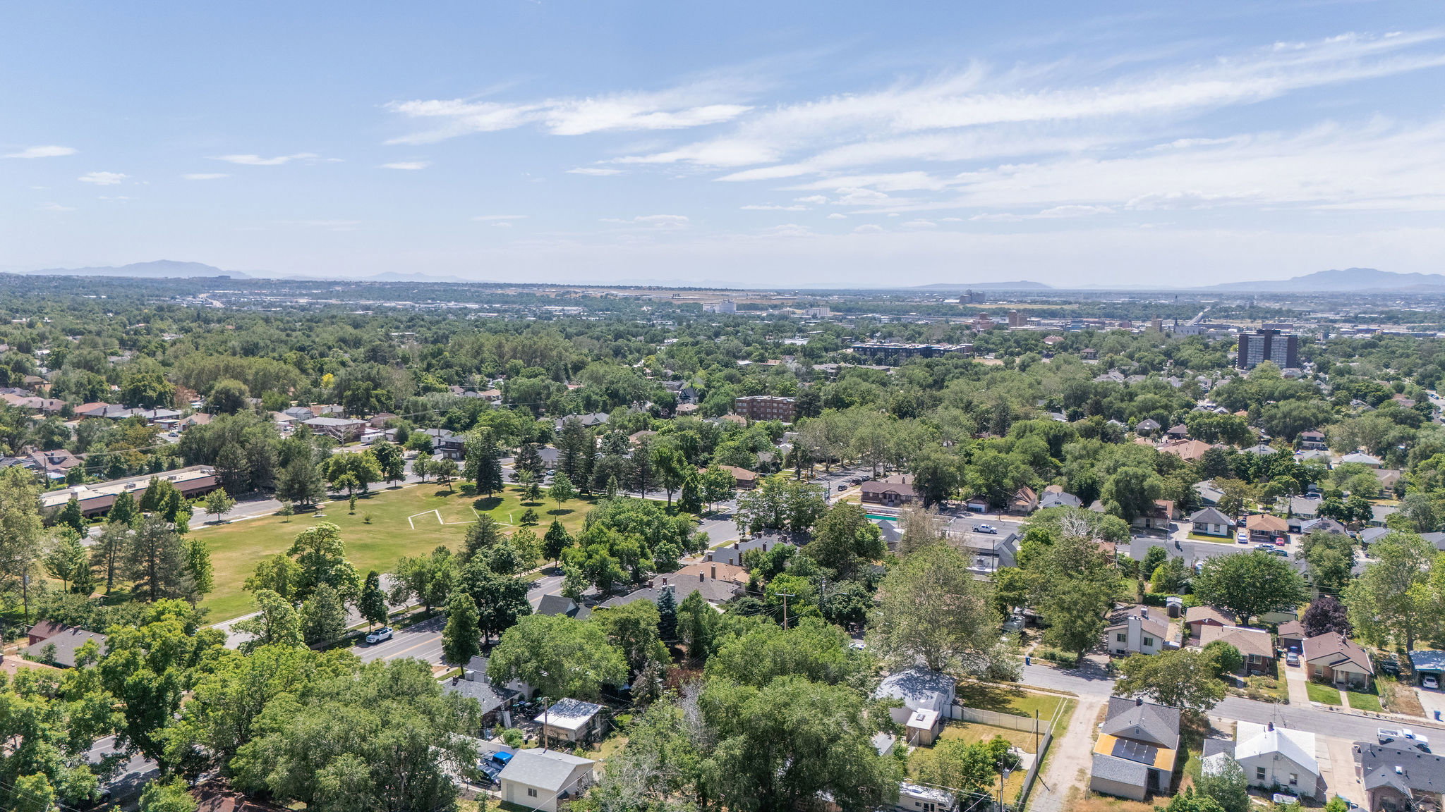 Aerial perspective showcasing a verdant residential area with mature trees