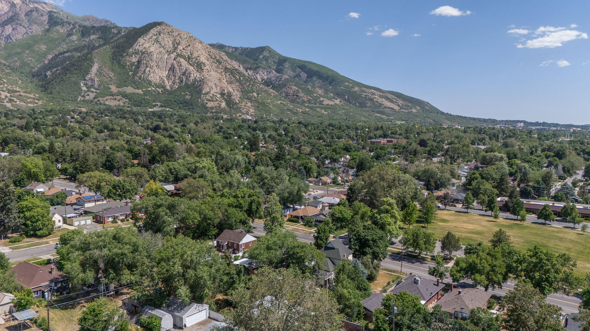 Expansive aerial perspective showcasing a residential area with mature tree coverage