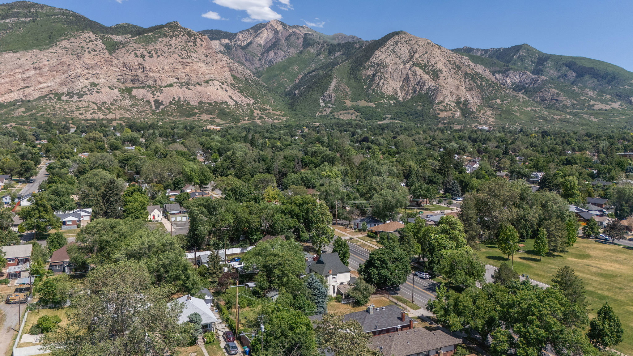 Aerial perspective showcasing a residential area with mature trees and mountainous terrain