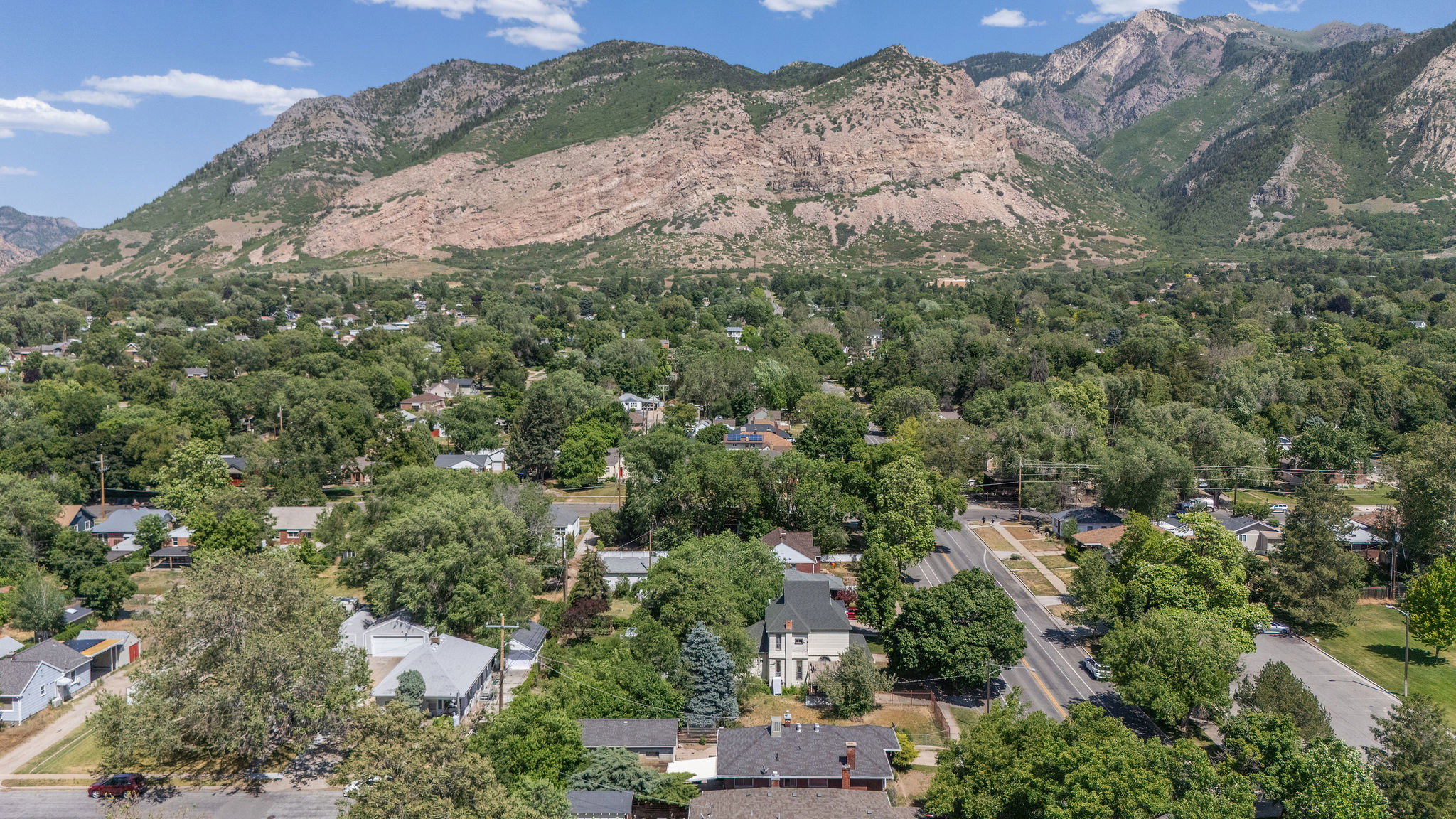 Mountain backdrop framing a residential area with mature trees and a structured street grid