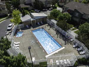 Outdoor swimming pool and spa area with surrounding concrete decking