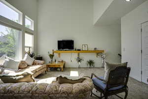 Living area featuring vaulted ceilings, large picture windows, wood-finish shelving, and neutral wall tones