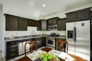 Kitchen featuring dark wood-finish cabinetry, stainless steel appliances, speckled countertops, and a double basin sink with a gooseneck faucet