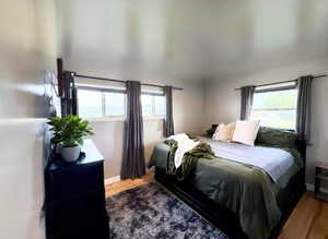 Bedroom featuring light gray walls and wood-finish flooring