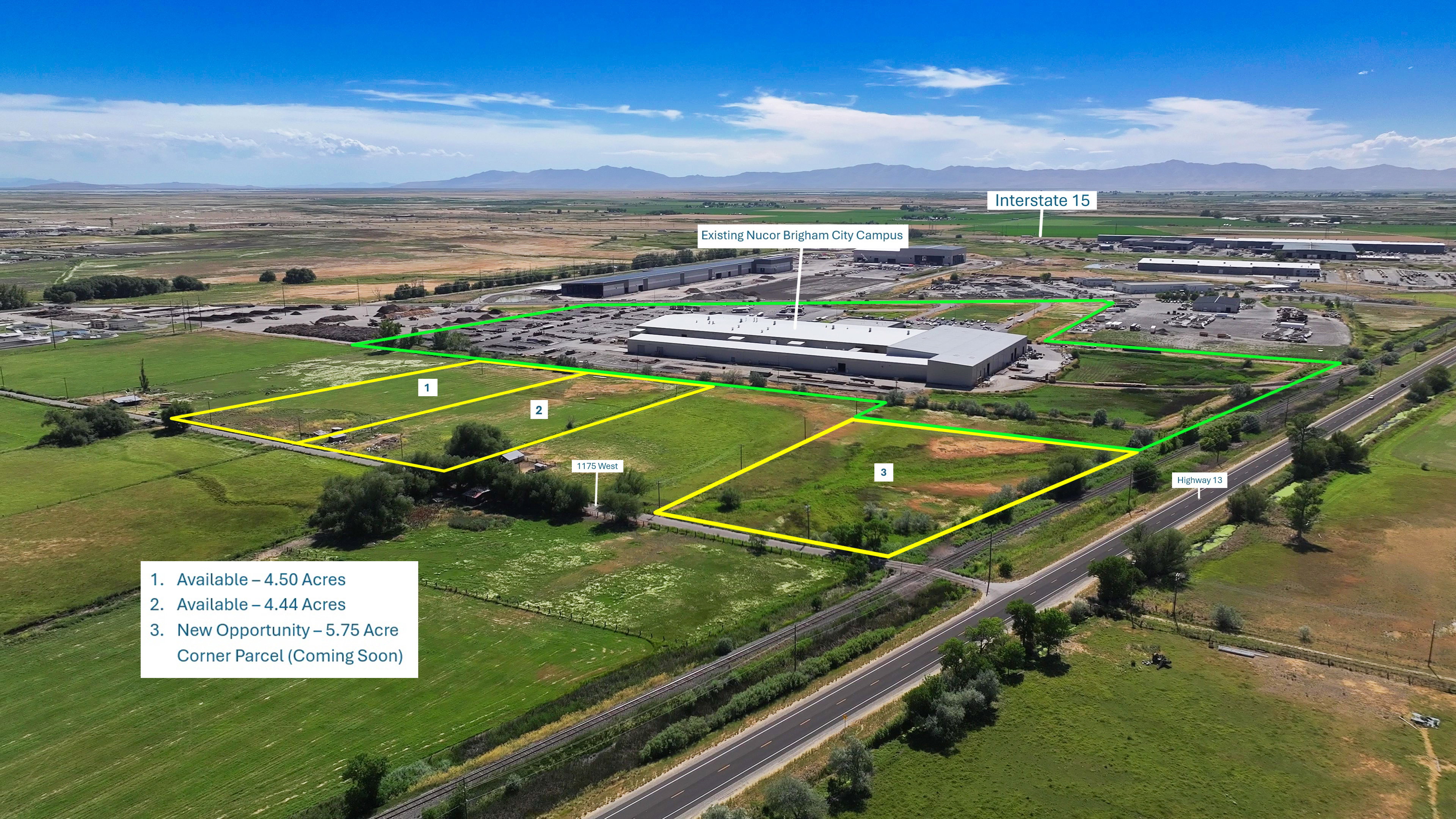 Expansive land parcels featuring 4.50 acres, 4.44 acres, and a forthcoming 5.75-acre corner parcel