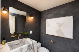 Vanity featuring a unique vessel sink with extensive veining and brass-finish wall-mounted faucet