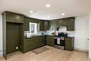 Kitchen featuring abundant olive green cabinetry, dark countertops, a tile backsplash, and recessed lighting