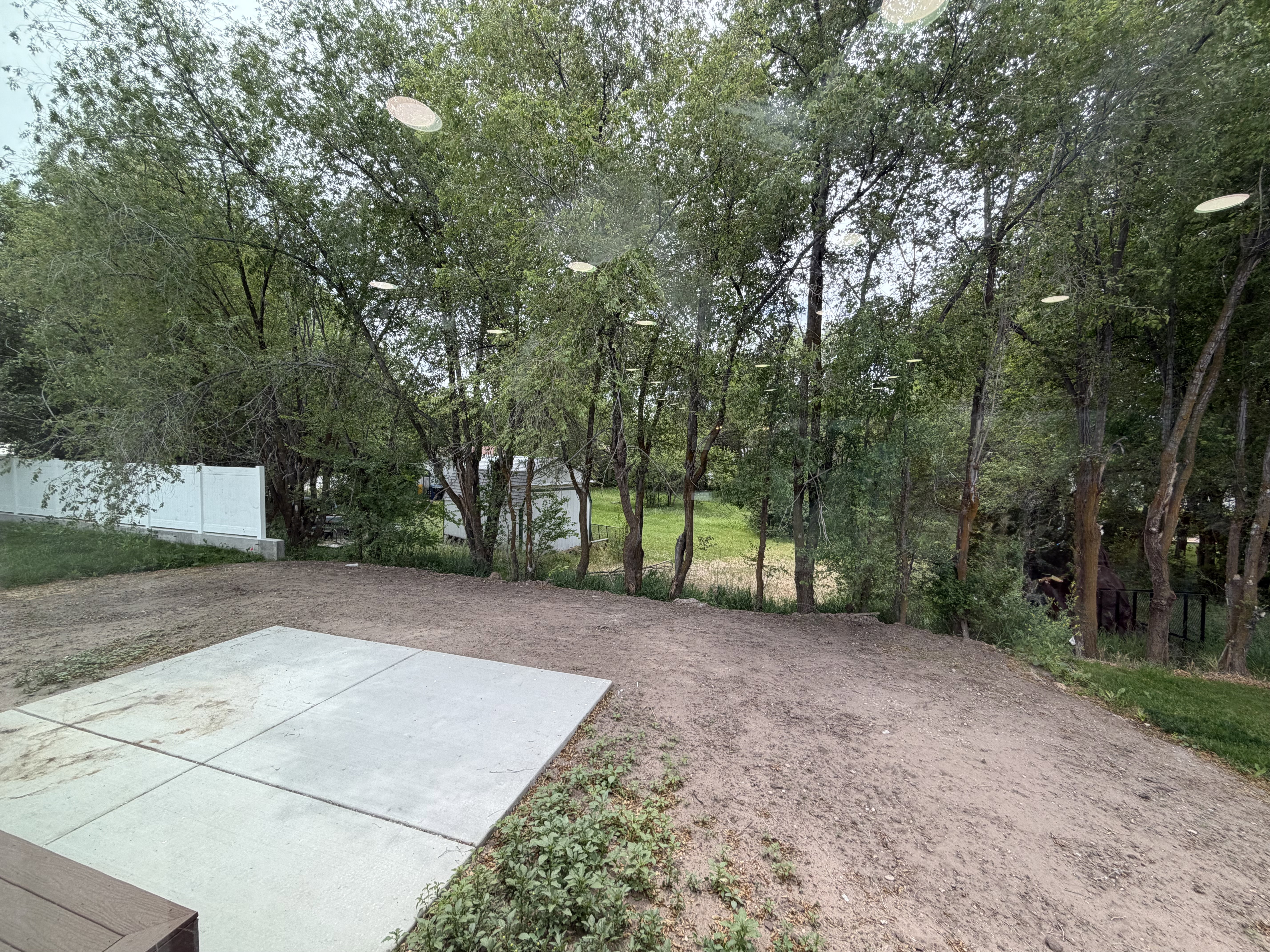 Backyard featuring a concrete patio, a sloped area ready for landscaping, a white privacy fence, and mature trees providing natural screening