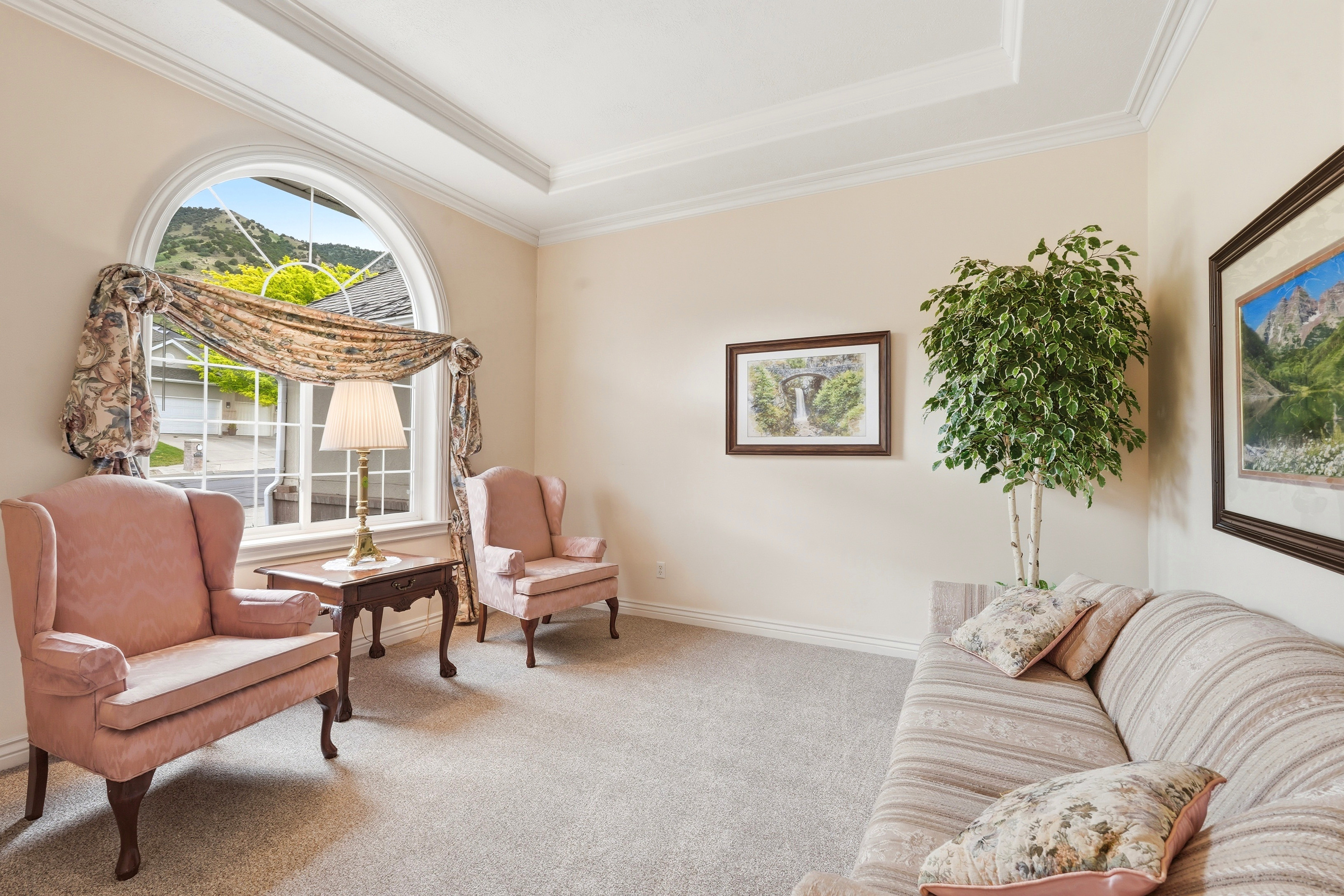 Arched window with mountain scenery, tray ceiling, crown molding, light neutral wall color, and plush carpeting