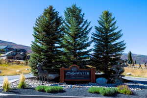Entryway signage for "Edgewater The Chalets" featuring a wood-frame sign, three mature evergreen trees, decorative rock landscaping, and a deer statue