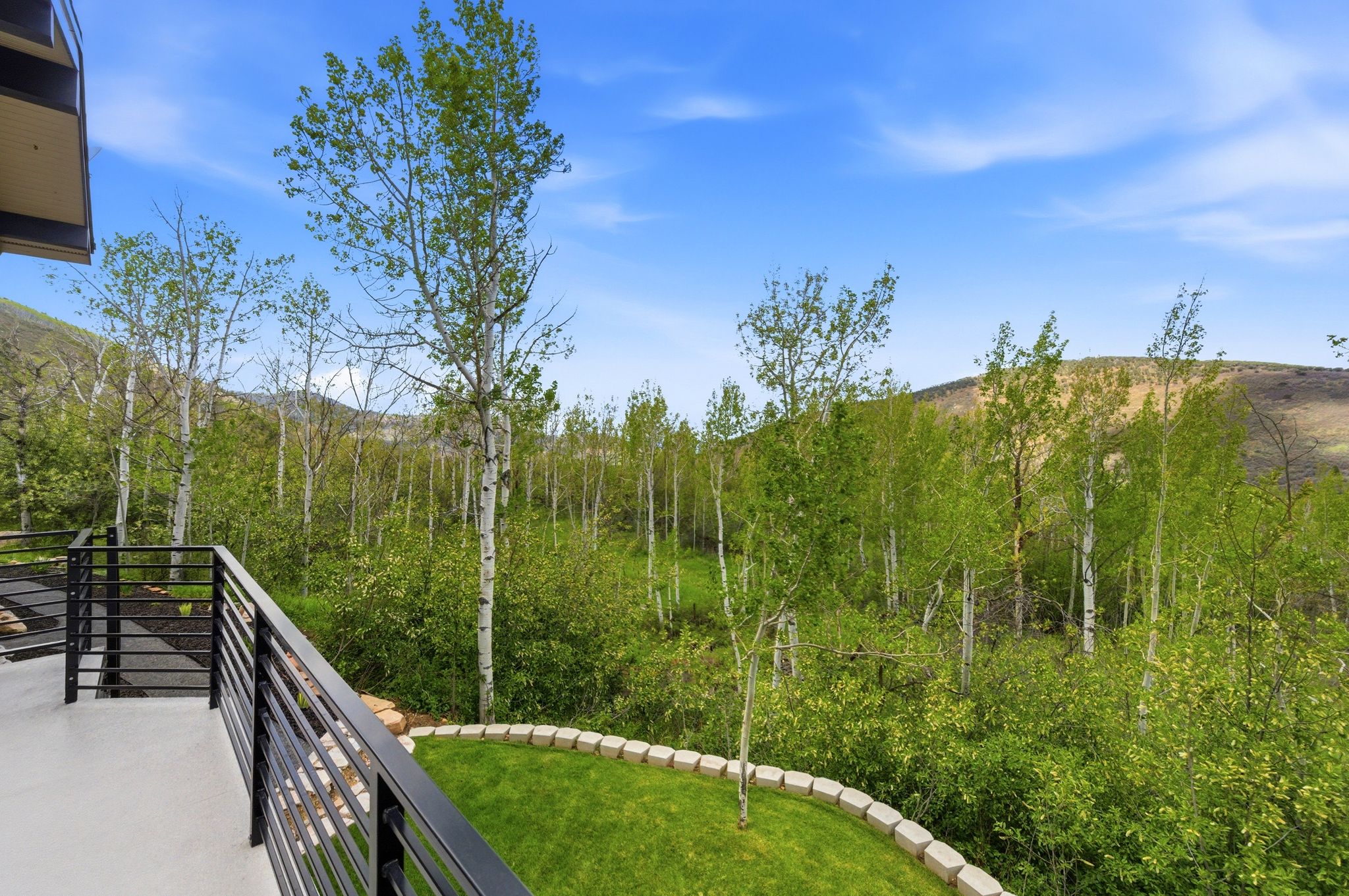 Outdoor deck featuring black horizontal metal railings, a manicured lawn, and natural landscaping with mature trees and shrubbery