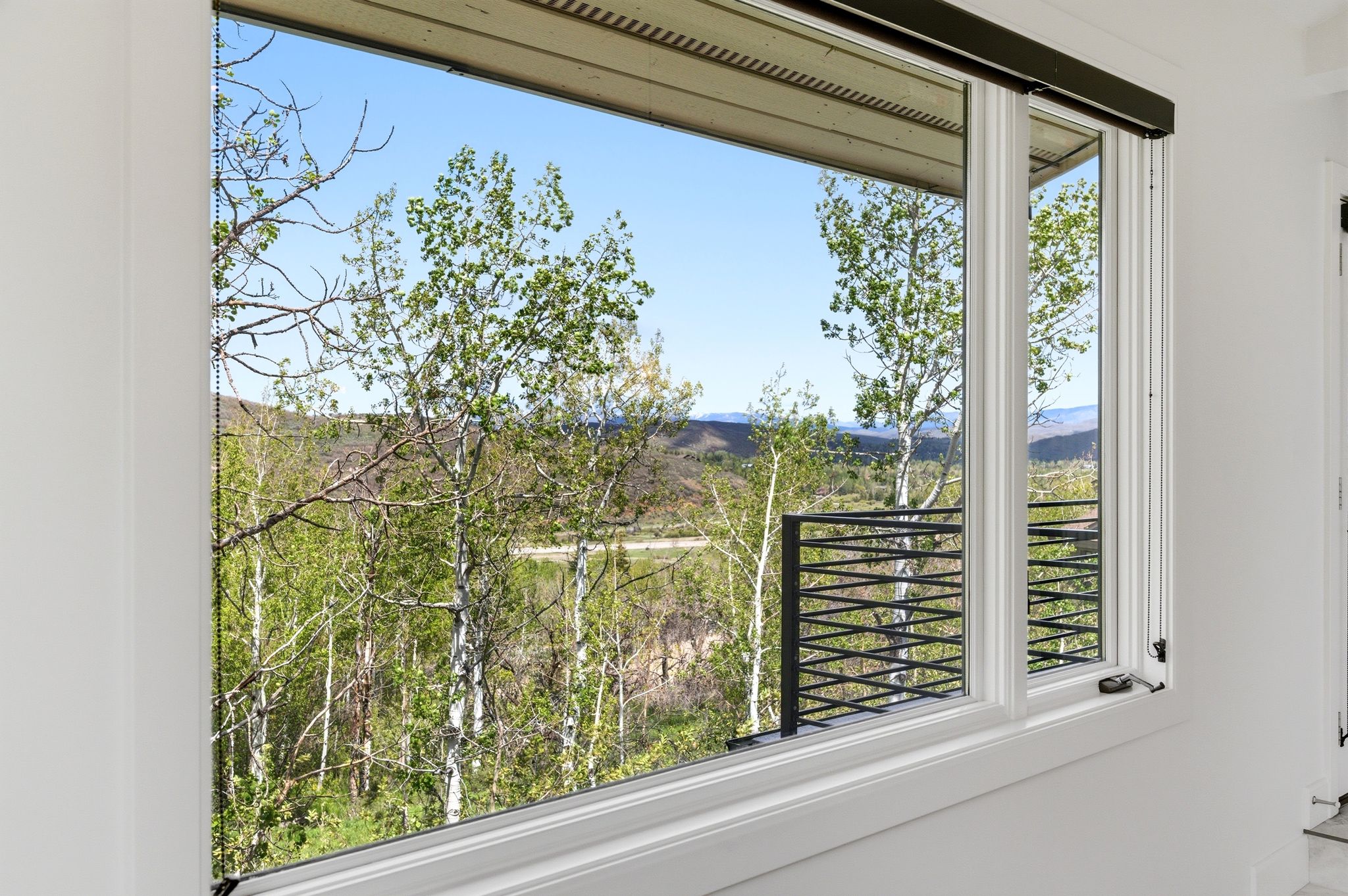 Expansive window featuring white trim and a black roller shade, overlooking a natural landscape with mature trees and distant mountains