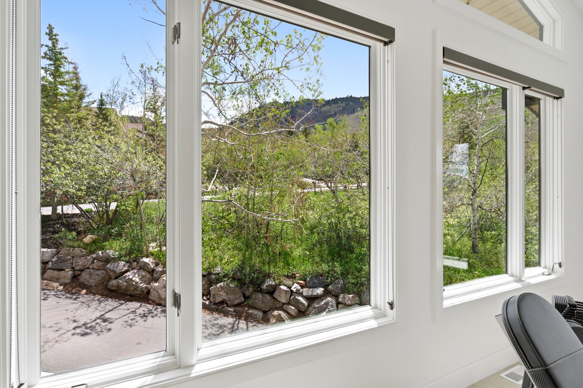 Multiple white-framed windows offering expansive outdoor scenery
