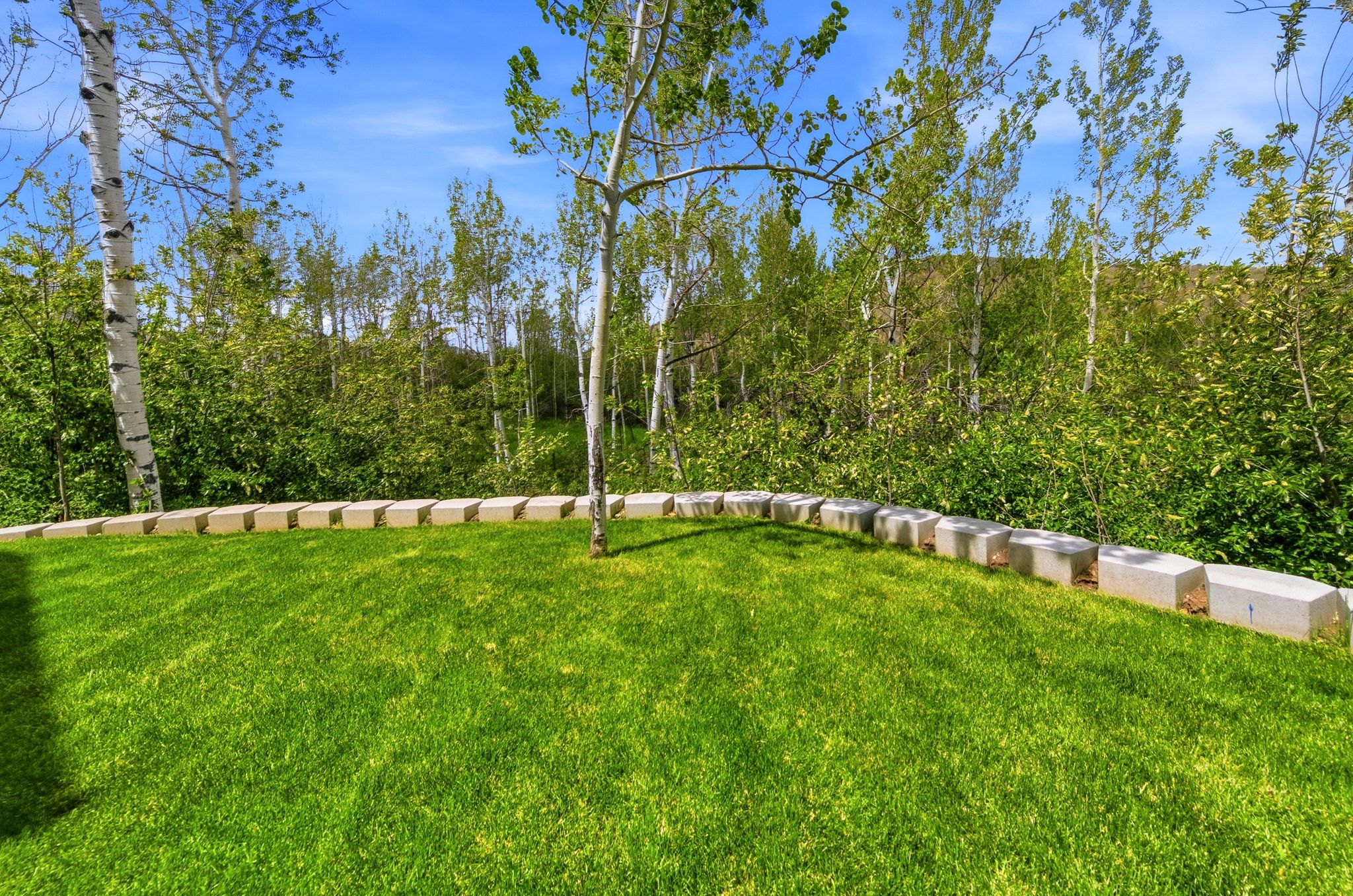 Expansive green lawn featuring a curved block retaining wall, mature trees, and natural foliage
