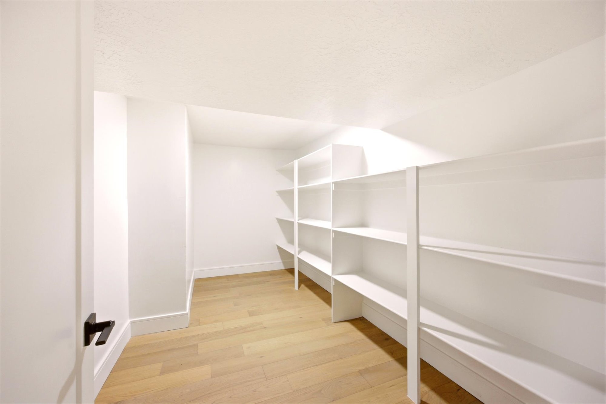 Spacious walk-in pantry featuring extensive built-in shelving, light wood-finish flooring, white walls, and a modern black door handle
