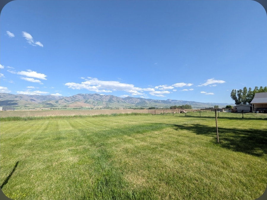 Expansive green lawn with mountain backdrop