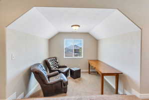 Carpeted loft area featuring a window with blinds, ceiling-mounted light fixture, and sloped ceilings