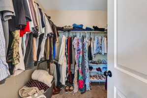 Walk-in closet featuring wire shelving, built-in shoe racks, and carpet flooring