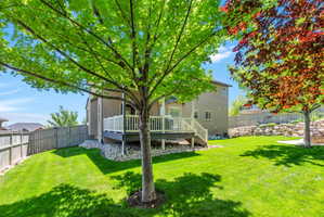 Expansive backyard featuring a lush lawn, mature trees, and a multi-level deck with white railings