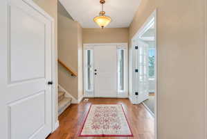 Inviting entry foyer featuring wood-finish flooring, a white paneled front door with sidelights, and an overhead fixture